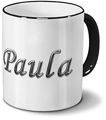 printplanet Tasse mit Namen Paula - Motiv Chrom-Schriftzug - Namenstasse, Kaffeebecher, Mug, Becher, Kaffeetasse - Farbe Schwarz