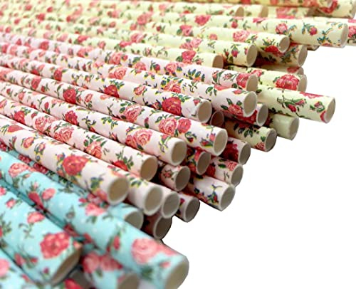 JPACO Floral Paper Straws for Drinking (75 Pack, Pink, Blue, Yellow) Vintage Flower & Rose Designs, Biodegradable Eco Friendly Disposable Party Straws for Party & Events by