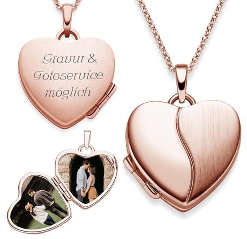 Herz Medaillon zum Öffnen für Bilder Rosegold | Kette Damen Medallion mit Bild | Foto Amulett Anhänger Herzmedallion| Halskette Herzkette mit Gravur