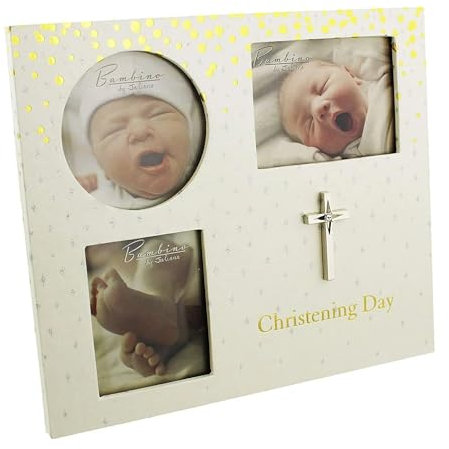 Bambino Bilderrahmen zur Taufe mit 3 Blenden, mit Kreuz, goldfarben und silberfarben