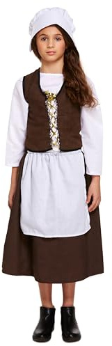 HENBRANDT Children’s Victorian Maid Costume with Hat Victorian Era School History Book Day Street Urchin Kids Outfit Sizes Medium and Large Halloween Fancy Dress for Girls