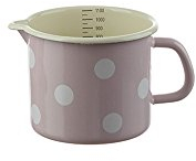 Emaille Milchtopf mit Skala, Schnabeltopf, Henkeltopf, Tupfen Rosa Weiß