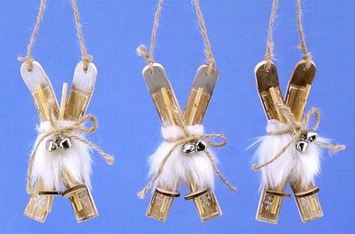 3er Set Ski mit Fell-Deko zum Hängen - Deko Ski, Winterdeko, Deko Skihütte, Baumschmuck