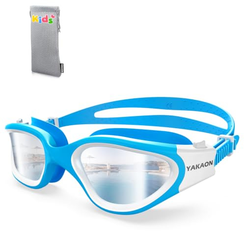 YAKAON Schwimmbrille Kinder, A1MINI Polarisiert Komfortabel Kinder Schwimmbrille Anti Nebel UV-Schutz Schwimmbrille für Mädchen und Jungen (A8-Polarized-Blue-Silver)