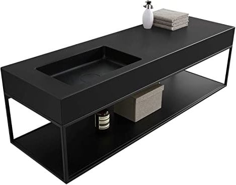 BERNSTEIN - Vasque Lavabo Rectangulaire à poser/suspendre Quartz Noir 141x45x12cm fonte minérale Lave main mural + Console métallique suspendue - Design, Robuste & Durable - BA8014