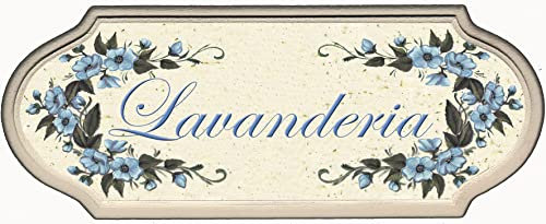 Domus Artis TARGA PER PORTA LAVANDERIA SHABBY CHIC DECORAZIONE PORTA LAVANDERIA FIORI BLU, 21.5 CM X 8 CM X 1 CM, MATERIALE LEGNO MDF