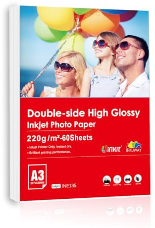 Inkuway A3, doppelseitig, hochwertig, glänzend, für den Tintenstrahldruck – 220 g/m², 60 Blatt Tintenstrahlpapier.