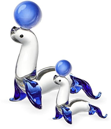 LONGWIN Paar Glas Seelöwen Mutter mit Baby Figur, mundgeblasene Glaskunst Seelöwen mit Kugeln Tier Sammelfigur Einzigartiges Geschenk für Mutter, Frauen (Blau)