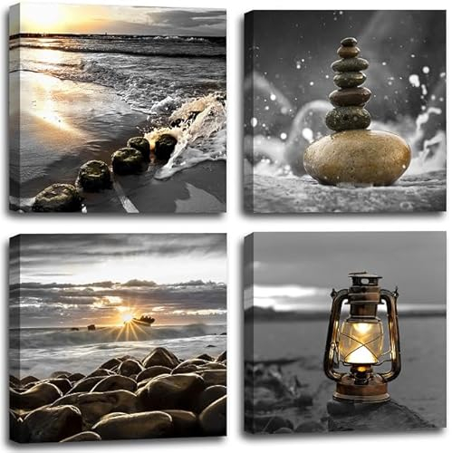 Yxbhhym Leinwand-Zen-Dekor, schwarz-weiß, Strand-Wandkunst, Ozeanpost, Meereslandschaft, Bild, Druck, Sonnenuntergang, Landschaft, Gemälde, Kunstwerk für Wohnzimmer, Wanddekoration, Schlafzimmer,