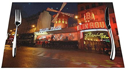 Moulin Rouge Tischsets Set mit 6 Stück, hitzebeständige, rutschfeste Tischsets für Esstisch, waschbar, langlebig, PVC-Vinyl, gewebte Tischsets