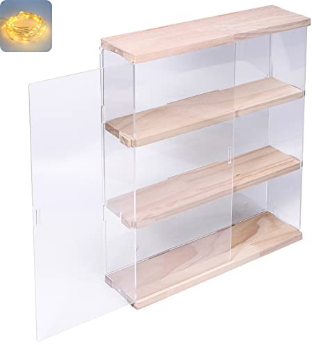 Nynelly 3 Shelf Clear Acrylic Display Case with Door - Wall Display Shelf for Models, Figures, Funko Pop, Pop Mart, Labubu, Sonny Angel, Smiski - Assemble Dustproof Display Box (29.5x8.5x38 cm, Wood)