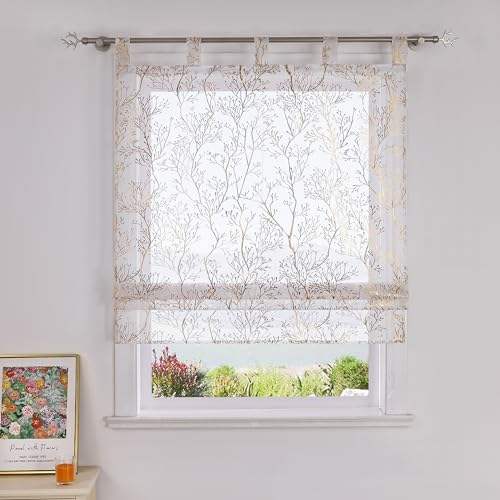 SCHOAL Raffrollo mit Schlaufen Gardine Transparent Vorhang mit Zweig Muster Raffgardinen Modern Schlaufenrollo 1 Stück BxH 80x140cm Gold