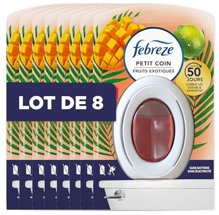 Febreze Petit Coin Fruits Exotiques, Désodorisant WC En Continu Pour Élimination Et Prévention Des Odeurs, Fraîcheur Jusqu'à 50 Jours, 8 X 7.5 ML