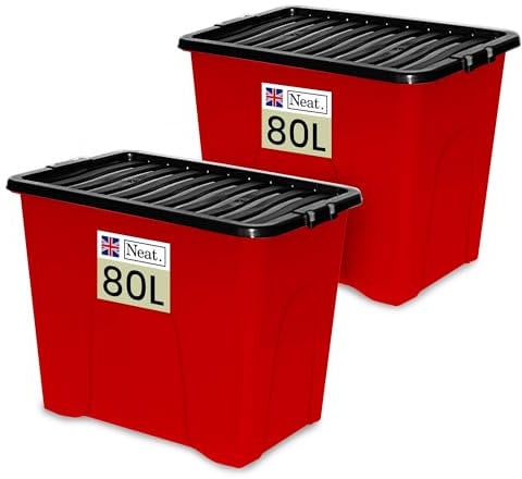 Neat. 80L Storage Boxes with Lids - Red Base & Black Clip Lid Ideal for Home Organisation, Durable, Space-Saving Plastic Box with Lid Storage Solutions Great for Bedroom, Garage & Office Use Pack of 2