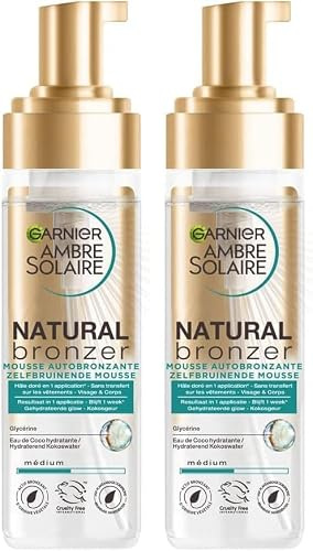 GARNIER Ambre Solaire - Natural Bronzer - Mousse Autobronzante Hydratante - Hâle Progressif & Sur-Mesure - Eau de Coco & Glycérine - Vegan & Cruelty Free - Visage & Corps - 200 ml