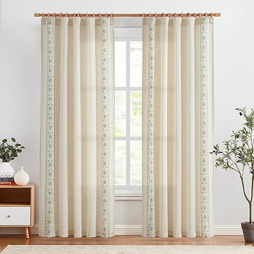 Vangao Leinenoptik Gardinen 140B x 225Hcm 2er Set Wohnzimmer Blumen Vorhänge mit Verdeckten Schlaufen Stickerei Küche Vorhang Boho Vintage Bauernhaus Curtain Schlafzimmer Lichtdurchlässig Grün