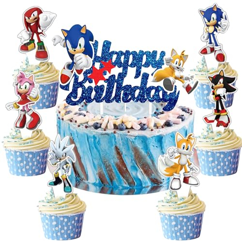 Cartoon Cake Topper, 7 Stück Cartoon Geburtstag Tortendeko, Blaue Muffin Deko, Happy Birthday Kuchendeko, für Baby Shower Kinder Geburtstag Party Kuchen Dekoration Supplies