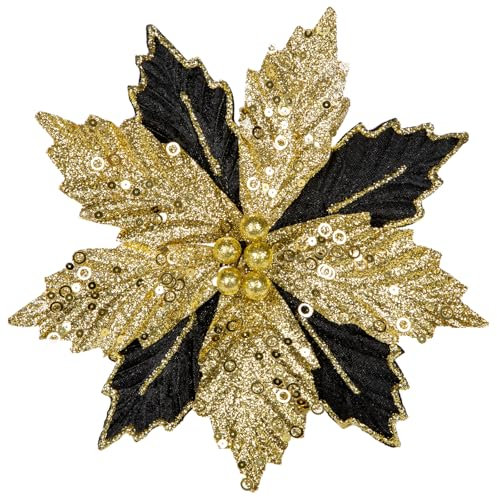 Arborus 8 PCS Poinsettia Christmas Decorations 8.3“ Glitter Christmas Poinsettia Artificial Flowers Stem Black Christmas Tree Decorations Artificial Christmas Flowers for Xmas Garland Wreath Decor