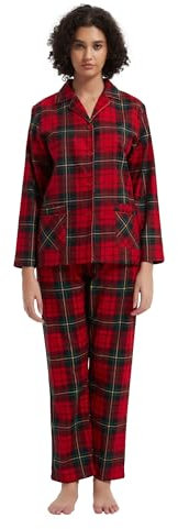GLOBAL Femme Pyjama Flanelle Manches Long Ensembles de Pyjama Coton Chemises de Nuit Bouton Chaleureux Vêtements de Nuit Confortable Carreaux Rouges M