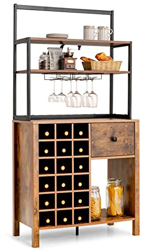 COSTWAY Casier à Vin Industriel pour 18 Bouteilles, Armoire de Cuisine avec 4 Étagères de Rangement, Porte-Verre, Porte Bouteilles, pour Cuisine, Bar, Salon, 40 x 74 x 160 cm