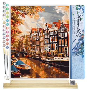 Figured'Art Peinture par Numéro Adulte avec Cadre Soleil à Amsterdam - Activité Manuelle Kit de Loisir Créatif DIY Numéro d'Art Complet - 40x50cm avec châssis en bois à monter