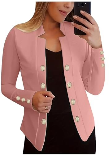EFOFEI Donna Cuff Button Up Suit Jacket Cardigan Summer Thin Linen Coat Casual Office Cropped Blazer Rosa XL