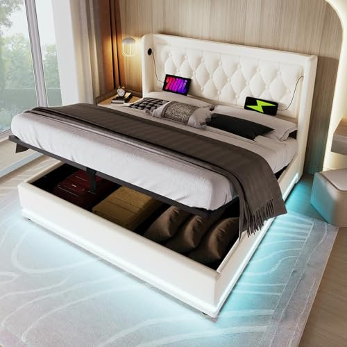 Merax Polsterbett 160x200cm, Doppelbett mit Stauraum und Lattenrost, LED Kopfteil mit USB C Ladefunktion, Hydraulisches Stauraumbett, Modern Funktionsbetten Bettgestell, Weiß-Kunstleder, Ohne Matratze