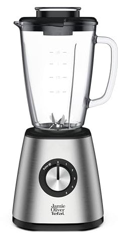Jamie Oliver by Tefal Standmixer, benutzerfreundlich, 800 Watt Leistung, robuster Thermoglas-Behälter (1,25 L Nutzinhalt), Crushed-Ice-Funktion, 5 Geschwindigkeitsstufen, Edelstahl/Schwarz, BL43J810
