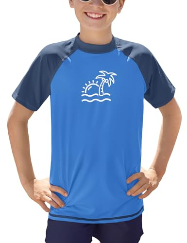 BesserBay Jungen UV Shirt UPF 50+ Kinder Rashguard Kurzarm Rundhals Schwimmshirt Badeshirt 110-160