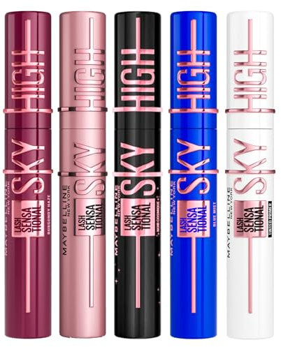 Maybelline New York Mascara Sky High Lash Sensational Volumizzante e Allungante Colorazioni Burgundy Haze + Nero + Cosmic Black + Blue Mist + Primer Nero per Ciglia Morbide - Set da 5