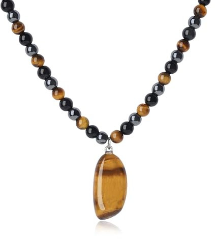 GAVU Herren Halskette Braun mit unregelmäßigen Tigerauge Anhänger und Obsidian Naturstein Perlenhalskette für Männer