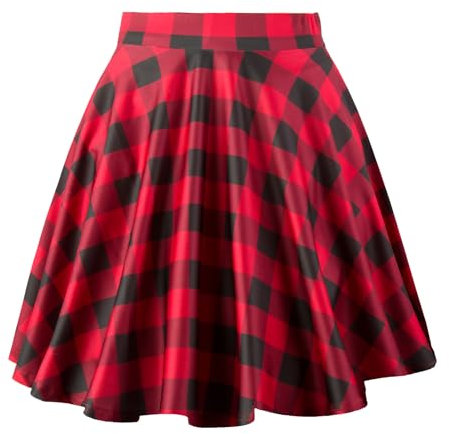 Dressever Damen Basic Vielseitige Dehnbaren Informell Casual Mini Hohe Taille A-Linie Tennisrock Tanzrock Black Red Plaid Medium