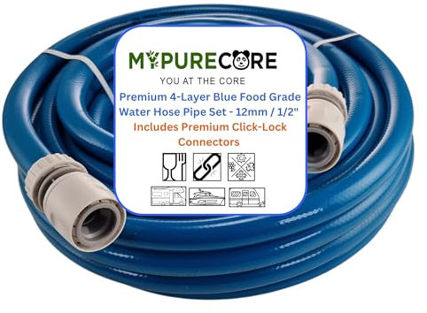 MYPURECORE Blue 12mm 1/2 Cold Water Hose Pipe – Premium Food Grade Drinking Water Hose with Connectors – Flexible PVC Tubing for Caravan, Motorhome, Campervan, Boat & Garden – Non-Toxic & Safe (10m)