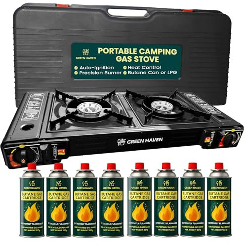 Green Haven Portable Camping Stove - Double Burner Gas Cooker with Auto Ignition - Compact Outdoor Stove with Gas for Camping, BBQ & Outdoor Cooking | EN417 Compliant (STOVE + 8 GAS)