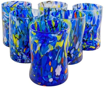 MurArt Bicchieri di Murano. B1 DECORO MG. Set 6 Bicchieri da 400 ml.Alt 11CM.In Vetro soffiato, Lavorato a Mano artigianalmente. Made in Italy. (BLU, BICCHIERI)
