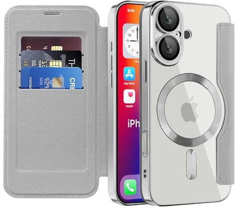 IMEIKONST Flip Wallet Case for iPhone 16 Cover, Grey JDCX | RFID Blocking Card Holder, Camera Lens Protection, Magnetic Transparent TPU Back, Compatible with MagSafe, PU Leather