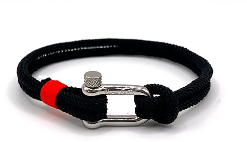 KAROO EARTH JEWELLERY Men's Nautical Rope Bracelet, Durable Nylon Marine Rope | Bracelet with stainless steel D-shackle | Mens Double Strand rope bracelet (Black, 19cm (Small))