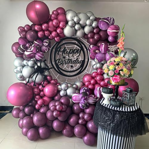 Kit di 119 palloncini color magenta argento e magenta, 119 pezzi, fucsia, rosa, prugna, marmo, viola, argento, palloncini in lattice con ragnatela 3D a pipistrello, per feste di compleanno