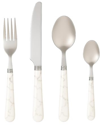 RANRHA 16-Piece Marble Print Stainless Steel Cutlery Set – White Handles – Includes 4 Forks, 4 Knives, 4 Spoons, 4 Teaspoons – Dishwasher Safe Flatware Set for Everyday Use & Dining