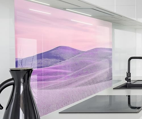 timalo Küchenrückwand Glasoptik | 60 x 40 cm Lila Berge, Felder, Landschaft violett | Acryl Glas 2mm | Spritzschutz Wand für Herd, Küche Glasrückwand Acrylglas Wandpaneele Rückwandschutz Platte