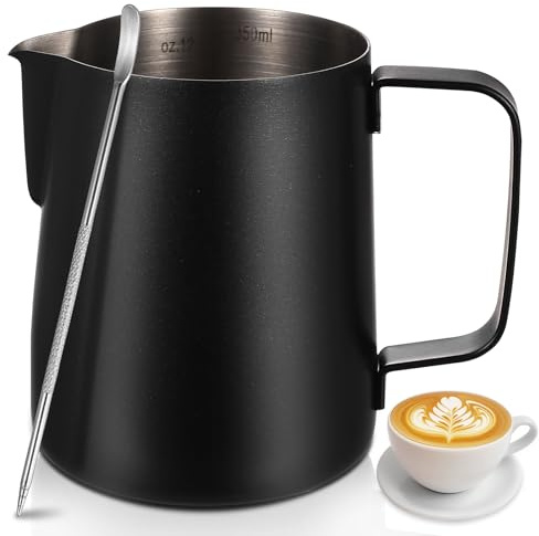 Zhujiehigh Jarra Lechera 350ml Acero Inoxidable con Bolígrafo Arte Latte | Jarrita lechera para espumar leche, café espresso y latte art, con bolígrafo, 350ml.