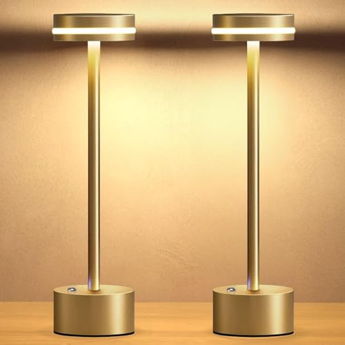 2 Pack Rechargeable Table Lamp - Cordless Bedside Lamps for Bedroom, Touch Sensitive Dimmable Table Lamps, Wireless Portable Battery Operated Lamp, Modern LED Nightstand Light for Living Room (Gold)