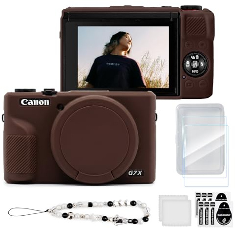 TYUANDOUER Case & Screen Protector Kit for Canon PowerShot G7X Mark III, Soft Silicone Protective Case, Anti-Scratch Grip Cover with Bracelet-Style Wrist Strap & Lens Cover, Lightweight - Brown