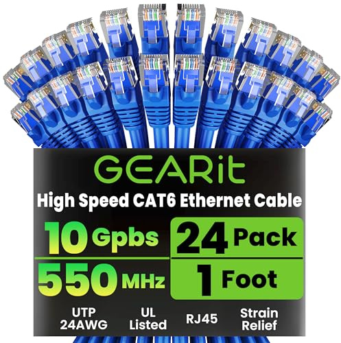 GEARit Cat 6 Ethernet Patch Cable 1 ft Blue (24-Pack Cat6 Ethernet Patch Cables 1ft), Cat 6 High Speed 24AWG 10Gbps RJ45 Snagless Gold-Plated, Ethernet Cable for Router, Switch, PC, PS5 Gaming, Server