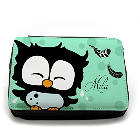 ilka parey wandtattoo-welt Gefüllte Federtasche Federmappe Eule Federn türkis mit Name Wunschname fm013