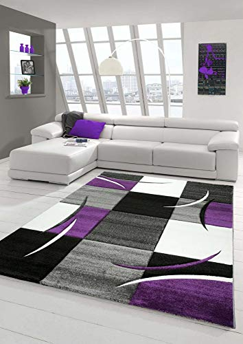 Designer Teppich Moderner Wohnzimmer Kurzflor Mit Konturenschnitt Karo Muster Lila Grau Creme Schwarz - Größe 80 x 300 cm