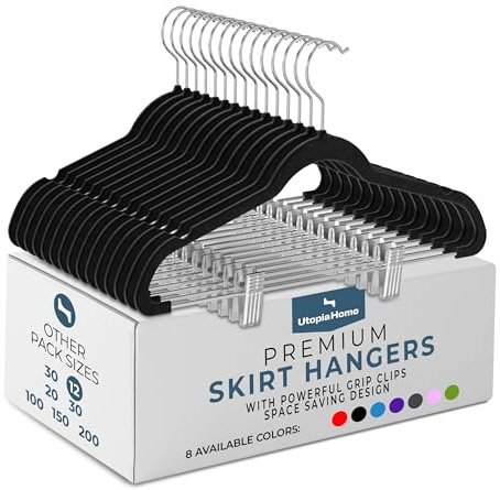 Utopia Home Premium Velvet Skirt & Trouser Hangers - Heavy Duty Non-Slip Velvet Suit Hangers with Clips For Pants, Trousers or Skirt - Pack of 12, Black