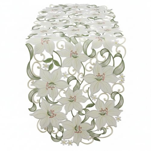 Quinnyshop Weiße Lilie Stickerei Tischdecke Tischläufer ca. 45 x 130 cm Oval Polyester, Weiß Grün