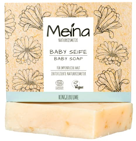 Meina Bio Baby Seife für empfindliche Haut, Sehr milde Kinderseife ohne reizende Inhaltsstoffe, Naturseife mit Ringelblume, Zertifizierte Naturkosmetik, 100% Natürlich, Vegan, Handgemacht, 100g