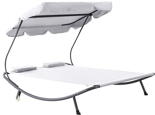 Outsunny Sonnenliege rollbar Campingliege mit Kopfkissen, Dach UV-beständig und wasserabweisend Gartenliege Liegestuhl bis 220kg belastbar für Balkon, Garten, Cremeweiß